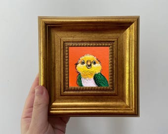 Mini cuadro al óleo de pájaro enmarcado: Obra de arte pequeña y vibrante, decoración de pared pequeña de 10 x 10 cm.