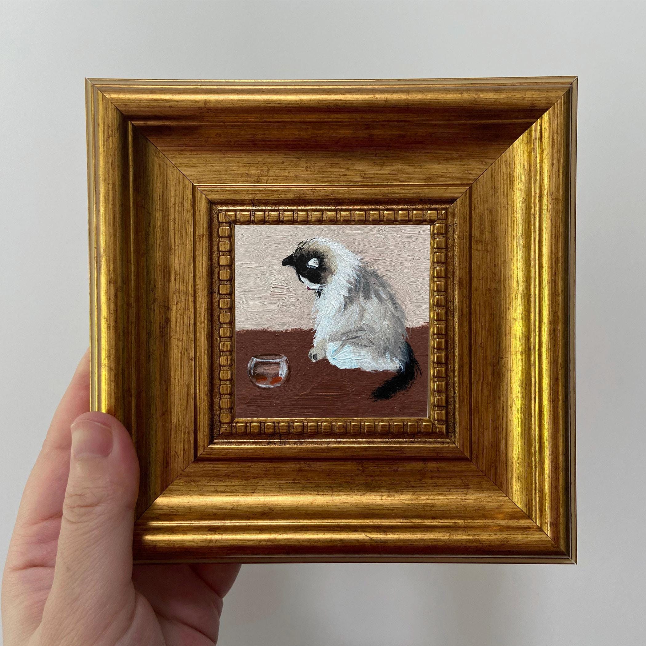 Framed Whimsical Cat Art: Miniature Oil Painting in Gold Frame - Etsy