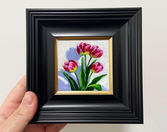 Framed Tulip Oil Painting: Botanical Small Wall Art, 4x4 inch