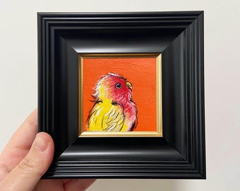 Miniatura de pájaro pintada a mano al óleo - Obra de arte original enmarcada, decoración de pared para el hogar