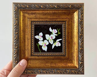 Kleine orchidee-olieverfschilderij: botanisch ingelijst kunstwerk, 4 x 4 inch, klein wanddecor