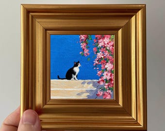 Mini Cat Oil Painting | 4x4" Gold Frame, Handmade Art