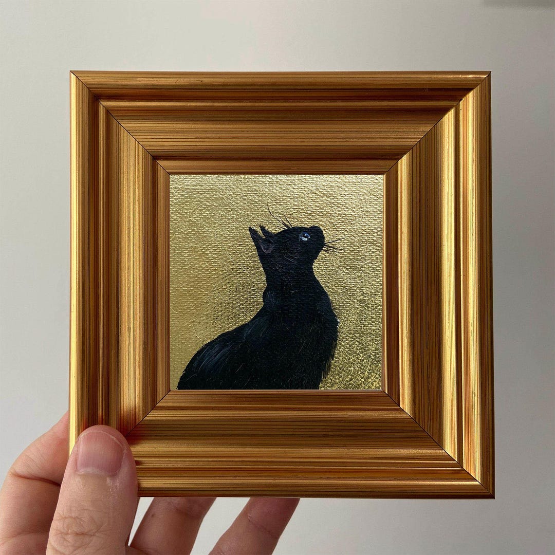 Original Hand-painted Miniature Oil Painting - Framed Black Cat Artwork ...