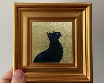 Original Hand-Painted Miniature Oil Painting - Framed Black Cat Artwork with Gold Leaf