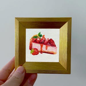 Original Oil Painting, Small Framed Original Art, 4x4 inch Canvas Artwork, Housewarming Gift, Kitchen Food Wall Decor, delicious cake