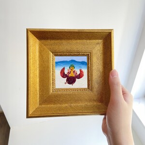 Pintura a óleo de peru em miniatura em moldura de madeira: arte de Ação de Graças pintada à mão