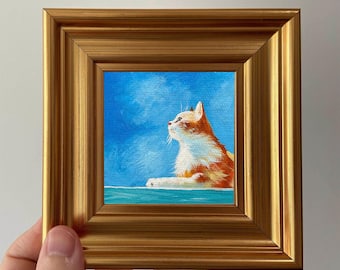 オレンジ色の猫の絵 猫のアート 子猫のミニ油絵 猫好きへのギフトの
