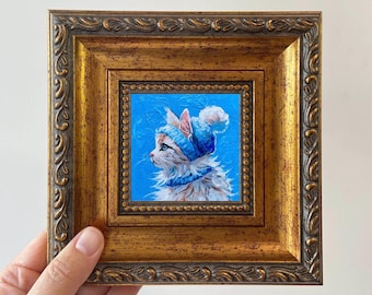 Mini Cat in Hat Oil Painting: Framed Feline Art, 4x4 Gold Frame
