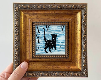 Mini pintura al óleo de gato negro / Arte enmarcado con temática de mascotas / Decoración de pared hecha a mano