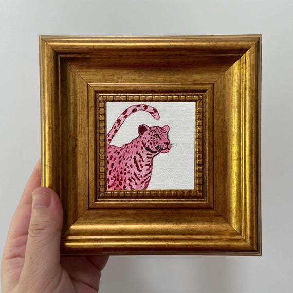 Pink Cheetah Art | Original Miniature Oil Painting | Framed Room Decor
