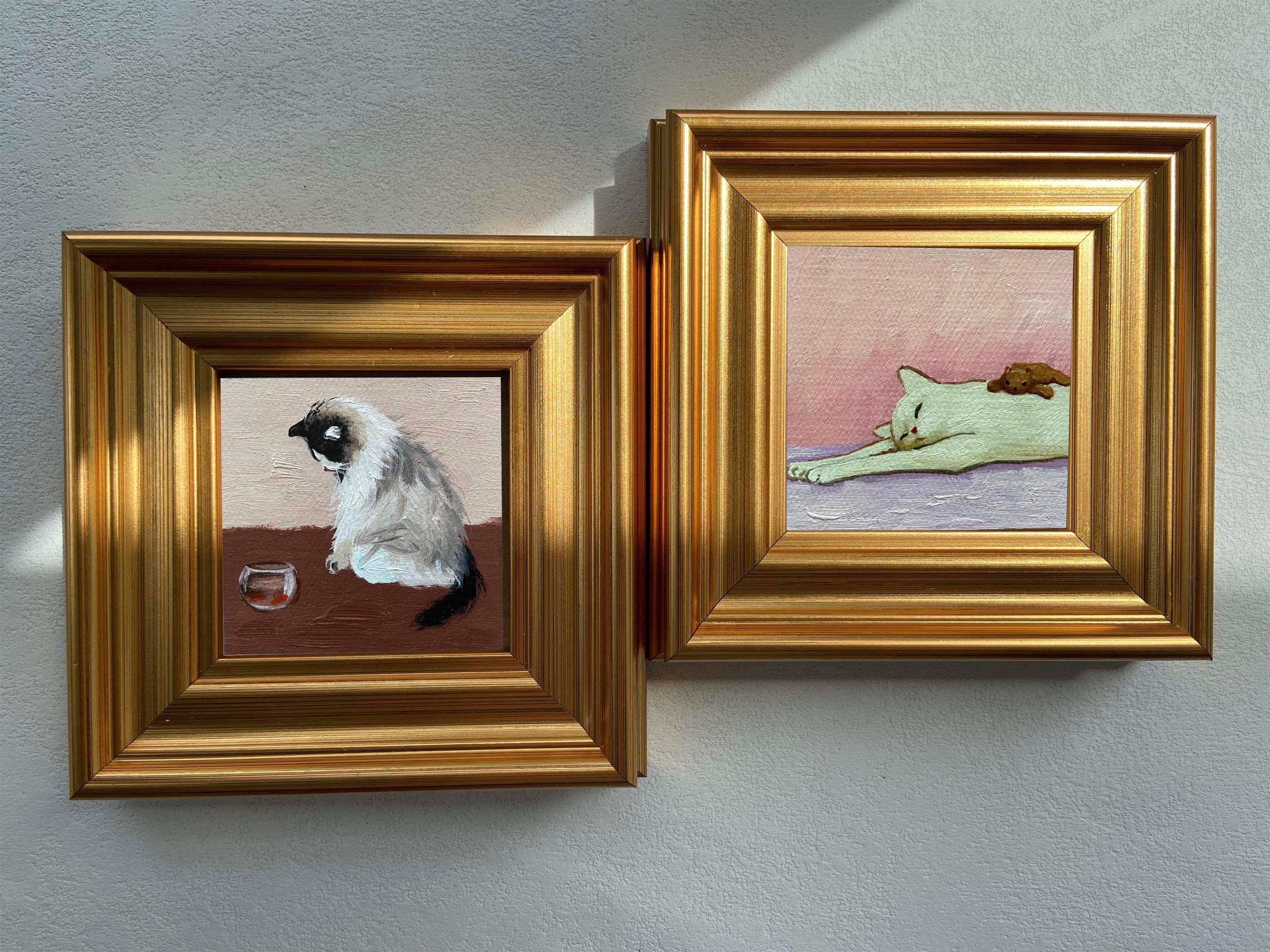 Framed Whimsical Cat Art: Miniature Oil Painting in Gold Frame - Etsy