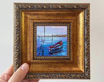 Miniature Boat Painting: Framed Landscape Art, Blue Water, 4x4 inch, Small Wall Decor