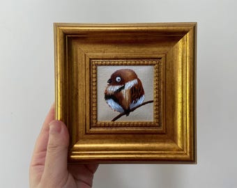 Small Bird Art: Framed Miniature Oil Painting, Desk Decor (4x4 inch), Handmade Gifts