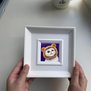 Adorable White Cat Mini Painting - Ideal Desk or Shelf Decor for Animal Enthusiasts Hand-painted Cat Art - Small & Stylish Wall Decor
