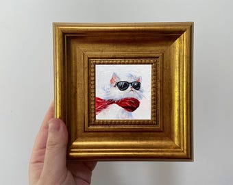Miniature White Cat Oil Painting - Gold Frame Tabletop Art, Wall Home Decor