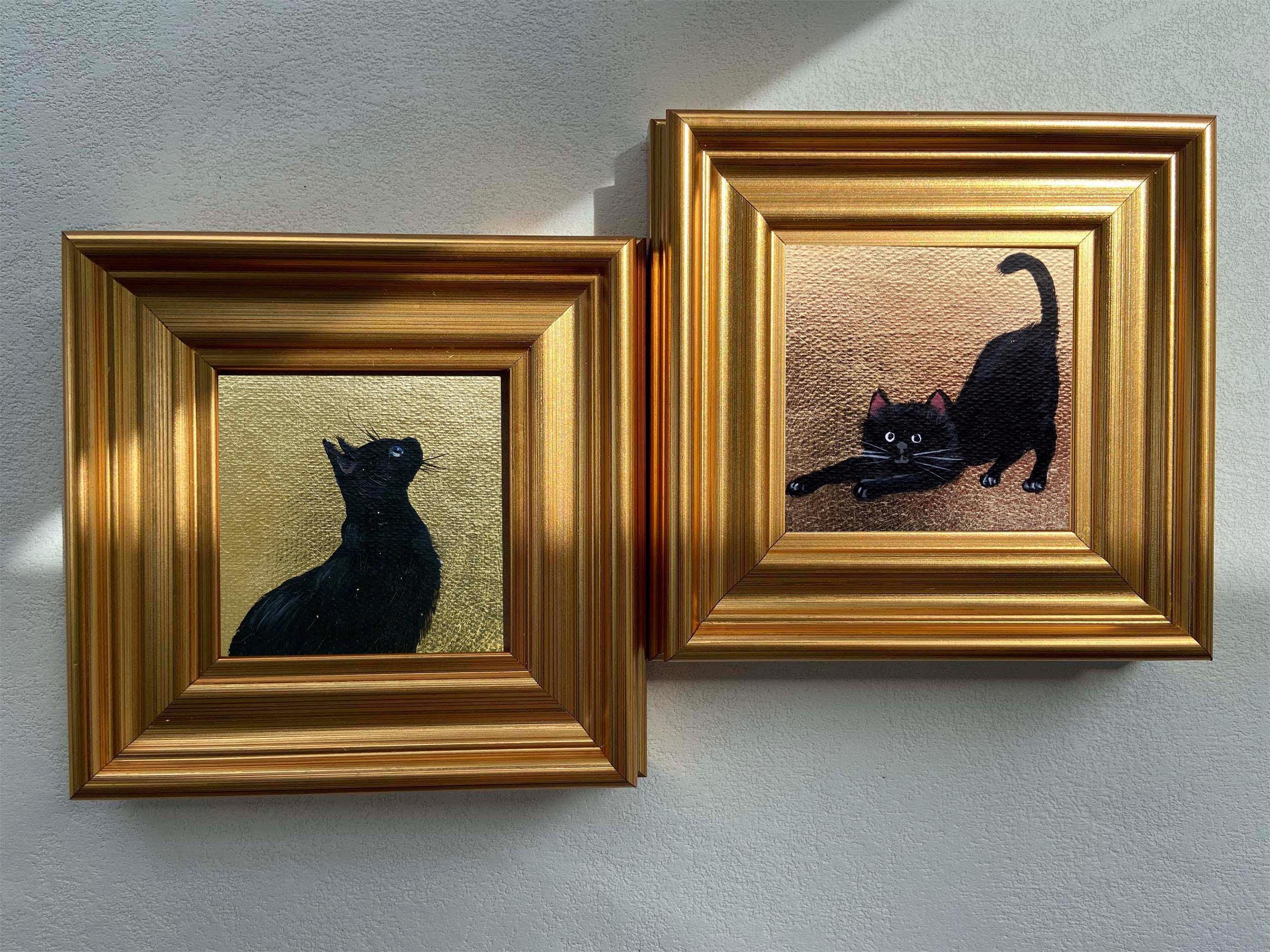 Framed Gold Leaf Painting - Unique Black Cat Miniature Oil Artwork for ...