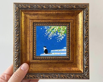 Miniature Cat Oil Painting: Framed 4x4 Inch Artwork, Handcrafted Gift, Small wall decor