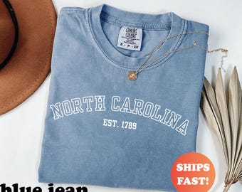 Comfort Colors® Shirt North Carolina EST 1789, vintage T-shirt North Carolina, retro T-shirt, trendy grafische top, shirt in zuidelijke stijl