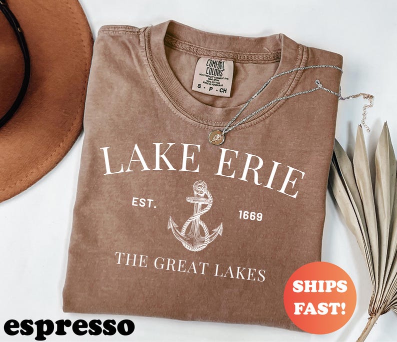 May include: Espresso-colored t-shirt with the text "LAKE ERIE" and an anchor graphic. The shirt also includes the text "EST. 1669" and "THE GREAT LAKES". A silver necklace with a pendant is draped across the shirt.