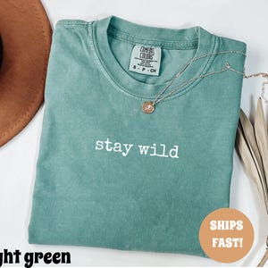 May include: A light green t-shirt with the words "stay wild" in white lettering. A gold necklace with a pendant rests on the shirt. The shirt is folded and has a tag that says "Comfort Colors".