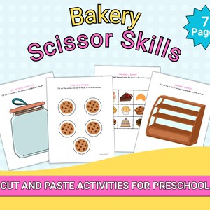 Op de afbeelding: Een set voorschoolse activiteitpagina's met de titel "Bakery Scissor Skills". De pagina's bevatten illustraties van koekjes, een pot en een bakkerijvitrine. De tekst "Cut and Paste Activities for Preschool" is ook zichtbaar.
