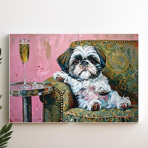 Shih Tzu Szampan Sztuka Wydruku Uroczy Pies Sztuka Ścienna, Ekscentryczny Bar Cart Decor, modny retroposter, Modny Dom Sztuka Prezenty Sztuka Psa