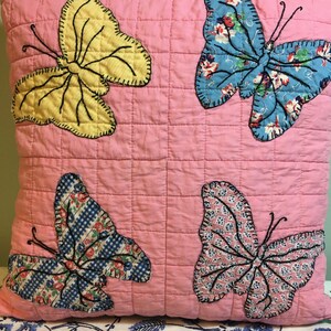 Four Butterflies Repurposed Vintage Quilt Pillow Cover 1930-1950 Quilted Handmade