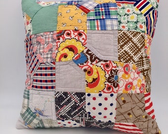 Cheery Vintage Bow Tie Pillow Cover Repurposed Quilt blocks Quilted Handmade