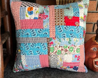 Scrappy Quilted Pillow Cover Made With Vintage Fabric Scraps Repurposed Feedsack