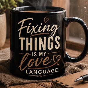May include: Black coffee mug with the text "Fixing Things is my Love Language" in white and gold script. The mug has a black handle and is filled with a hot beverage, with steam rising from the top. The mug is on a wooden surface.