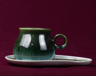 Dark green ceramic tea cup and saucer | Handmade rustic stoneware | Housewarming gift