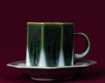 Dark green  ceramic octagonal tea cup and saucer | Handmade rustic stoneware | Housewarming gift