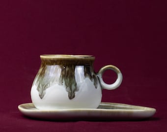 Grey white ceramic tea cup and saucer | Handmade rustic stoneware | Housewarming gift