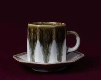 Grey white ceramic octagonal tea cup and saucer | Handmade rustic stoneware | Housewarming gift
