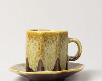 Golden amber ceramic octagonal tea cup and saucer | Handmade rustic stoneware | Housewarming gift