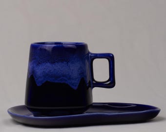 Navy blue ceramic tea cup and saucer | Handmade rustic stoneware | Housewarming gift