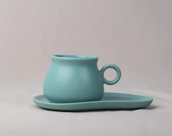 Turquoise ceramic tea cup and saucer | Handmade stoneware | Housewarming gift