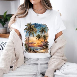 Tropical Sunset Palm Tree Graphic Tee: Coastal Island Vibes