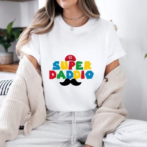 Super Daddio T-Shirt - Funny Dad Shirt, Gamer Dad Gift, Father&#39;s Day Mario Style Tee, Retro Video Game Dad Shirt - Bella-Canvas tee
