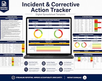 May include: A digital spreadsheet template titled Incident & Corrective Action Tracker displayed on a laptop screen. The interface features a dashboard with charts, an incident register, investigation logs, and corrective action tables with color-coded status indicators.