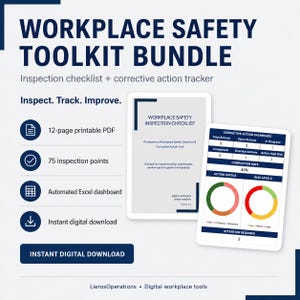 May include: A workplace safety toolkit bundle featuring a 12-page printable PDF inspection checklist and an automated Excel corrective action dashboard. The document displays text including Workplace Safety Toolkit Bundle, Inspect. Track. Improve., and Corrective Action Dashboard with charts.