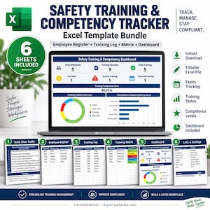 May include: A digital safety training and competency tracker Excel template bundle displayed on a laptop screen. The bundle includes six sheets: a quick start guide, employee register, training log, training matrix, dashboard, and settings.