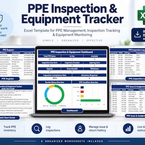 Op de afbeelding: Een digitale Excel-sjabloon voor PBM-inspectie en apparatuurtracking op een laptopscherm. Het dashboard bevat gegevenstabellen, een ringdiagram en een staafdiagram voor het bijhouden van veiligheidsuitrusting en inspectielogboeken.
