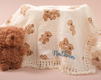 Personalized Teddy Bear Muslin Baby Blanket: Satin Trim Swaddle