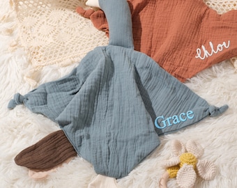 Personalized Goose Lovey Blanket, Embroidered Muslin Security Comforter, Custom Baby Comfort Toy