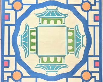 Mahjong Mat - Traditional-ish Design - Pagoda, blue, yellow - Mahjong Tile Club