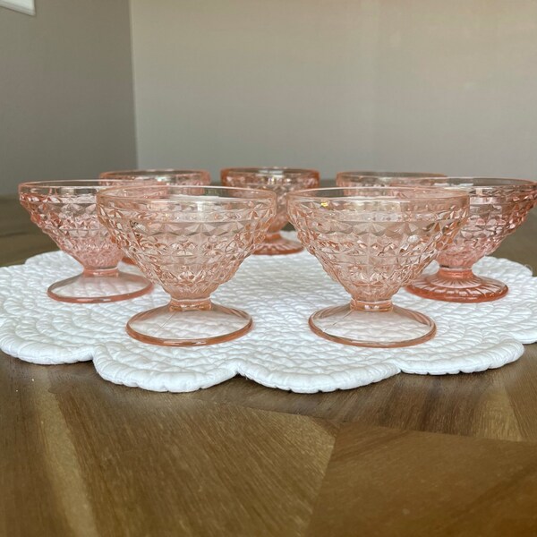 7 Vintage Pink Sherbet Cups / Champagne Coups -  Holiday Buttons and Bows by Jeanette Glass Co - Depression Glass