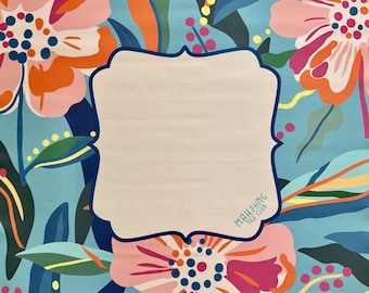 Mahjong Mat - Full Bloom - light blue, navy, orange an pink Floral - Mahjong Tile Club