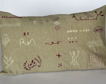 SALE Linen Sampler Embroidered Cushion Pillow