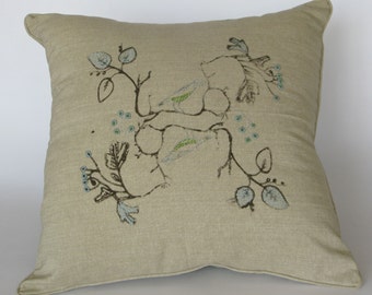 Bird Branch Block Print Linen Cushion Pillow